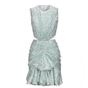 NWT Halpern cupped sequin high collared cut out dress aqua lace size 34/ US 2